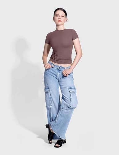 PUMIEY Women's Crew Neck Short Sleeve Tops Double Lined Slim Fit T Shirts Basic Tee Smoke Cloud Pro Collection thumbnail 3
