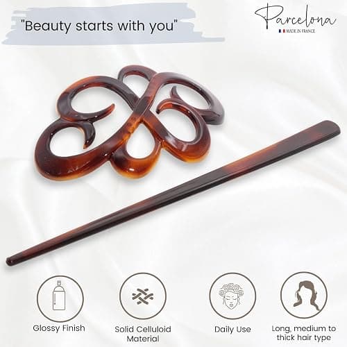 Parcelona French Wide Flower Tortoise Shell Brown Bun or Ponytail Bun Holder Hair Slider Pin Thru Clip with Stick thumbnail 2