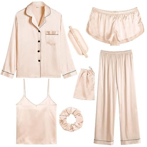 SWOMOG Women Satin Pajamas 7pcs Silk Sleepwear Sexy Cami Shorts Set Long Sleeve Button Down Pjs Loungewear with Eye Mask - Image 1