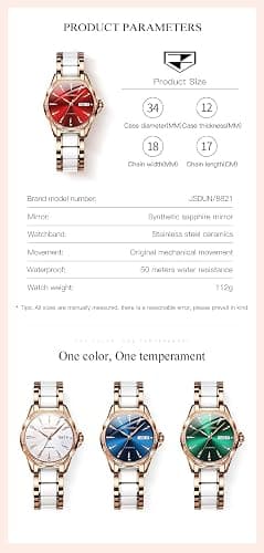 Womens Watch Automatic White Face Ladies Watch Mechanical Waterproof Self-Winding Wrist Watch Rose Gold Pearl Shell Dial Watches Day Date Woman Watches Ceramic Stainless Steel Diamond Watch for Ladies thumbnail 7