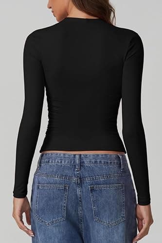 QINSEN Long Sleeve Square Neck Tops for Women Double Lined Side Ruching Going Out Shirts Basic Tee thumbnail 4