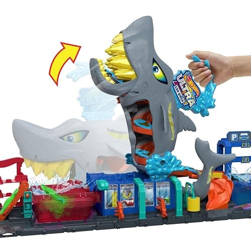 Hot Wheels City Track Set, Ultra Shark Car Wash with 1:64 Scale Color Reveal Toy Vehicle, Repeat Color-Change Feature, Storage thumbnail 4