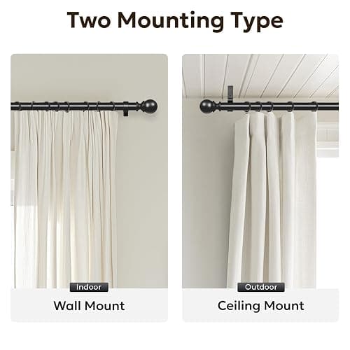 Zeerobee Curtain Rods for Windows 48 to 84, 1 Inch Adjustable Heavy Duty Black Curtain Rod, Outdoor Indoor Room Divider Modern Drapery Pole, 48-86" thumbnail 8