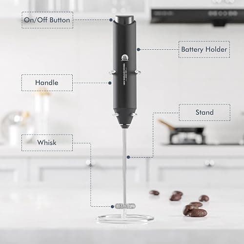 Powerful Milk Frother Handheld Foam Maker, Mini Whisk Drink Mixer for Coffee, Cappuccino, Latte, Matcha, Hot Chocolate, With Stand, Black thumbnail 5