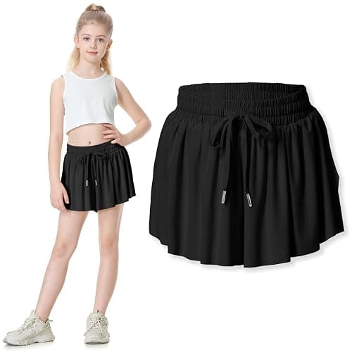 Two Inches Extended Butterfly Shorts Girls Flowy Shorts, 2-in-1 Youth Girls Athletic for Fitness, Running, Sports - 04 - Extend-black - Medium - Image 1