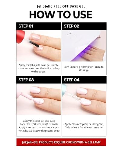 JelloJello Peel-Off Base Gel (10ml) + One Kill Gel Remover (30ml) Set Peelable Nail Base, Easy Removal, Self Nail, UV/LED Cure thumbnail 8