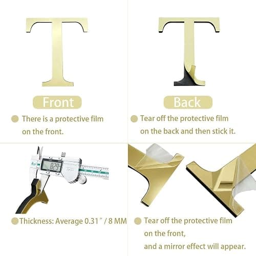 HXymxkeqi Large 3D Raised Letter Wall Stickers, 20cm 7.87inch Acrylic Alphabet Decals, Self-Adhesive Home Decor Letters for Living Room, Bedroom, Office, DIY, Light Gold (T, Light Gold) thumbnail 5