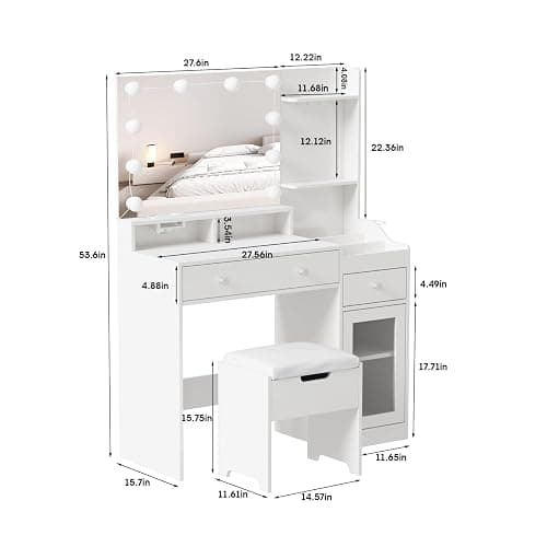 Vabches Vanity with Mirror and Lights, Makeup Vanity Table with Charging Station, Cute Vanity Set with Comfortable Bench, Dressing Table with 3 Storage Compartments, 39.8inch, White thumbnail 2