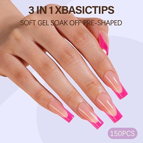 Misssix XBASICTIPS Pink French Tip Press On Nails, 150Pcs French Gel Nail Tips Long Square, Soft Gel Pre-shaped No Need to File 3 in 1 Tips, Fake Nails for Nail Art DIY Extension Designs 15 Sizes thumbnail 3