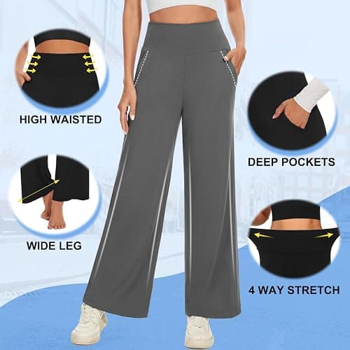 NEW YOUNG 3 Pack Women's Wide Leg Pants with Pockets High Waist Loose Sweatpants Casual Lounge Yoga Workout Palazzo thumbnail 6