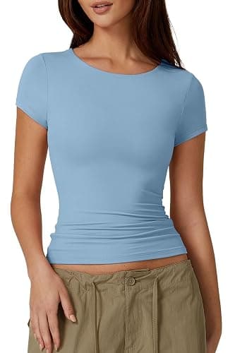 QINSEN Women's Crew Neck Short Sleeve Tees Double Lined Slim Fit T Shirt Basic Y2K Tops - Image 1