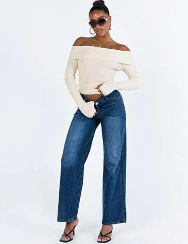 APRROOT Off The Shoulder Sweater for Women Long Sleeve Pullover Ribbed Knit Going Out Thumbhole Tops 2025 Fall Sexy Outfits thumbnail 5