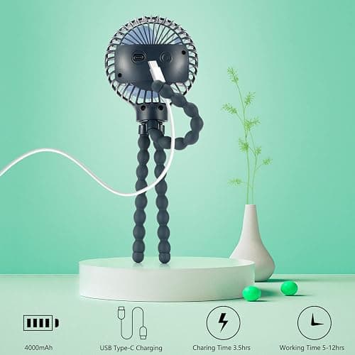 snawowo Mini Handheld Personal Portable Fan, Baby Stroller Fan, Car Seat USB or Battery Powered, with Flexible Tripod Clip on Student Bed Desk Bike Crib Treadmill Camping Traveling(Dark Blue) thumbnail 5