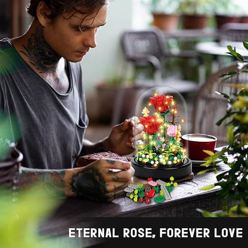 HOGOKIDS Flower Bouquet Building Kit with LED Lighting - 596 PCS Rose Sets with Cover Botanical Building Blocks | Birthday Mini Bricks Valentines Day Gift for Adult Girlfriend Wife (Red Roses) thumbnail 2