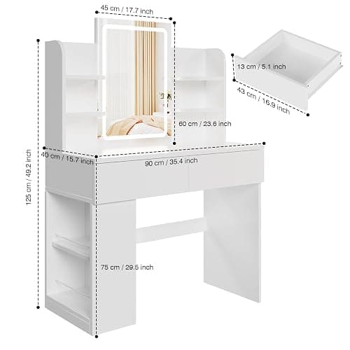 Airfish Dressing Table with LED Light,Vanity Desk with Mirror and Concealed LED Light Strip, MakeUp Desk with Two Drawers and One Sideboard,Modern (White, 90 x 40 cm) thumbnail 2