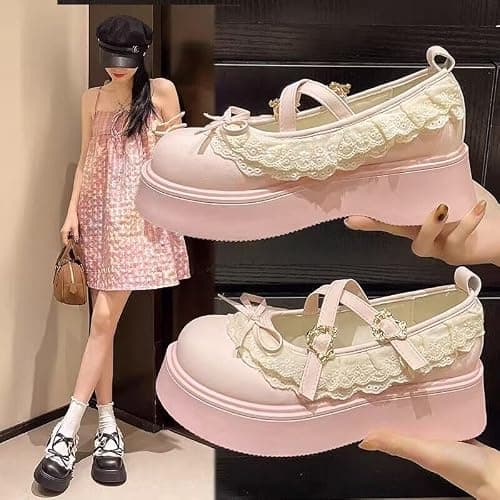 ZQW Women's Kawaii Lolita Chunky Mary Jane Shoes with Bow Cute Aesthetic Round Toe Goth Platform Dress Pumps Sweet Flats thumbnail 5