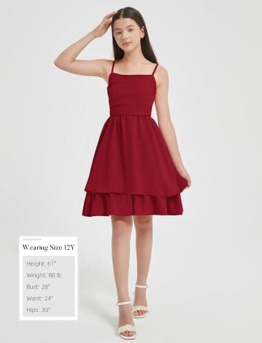 EXARUS Girls Holiday Dress Teen Ruched Ruffled Flowy Spaghetti Strap Dance Prom Formal Party Tween Cute Dresses 8-14Y thumbnail 5
