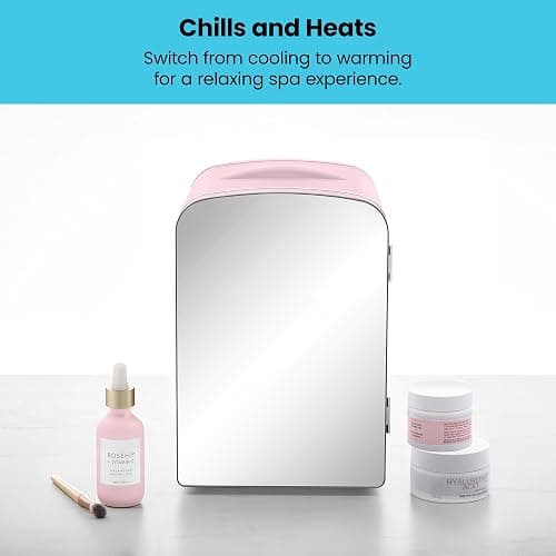Chefman Portable Mirrored Personal Fridge, 4 Liter Mini Refrigerator, Skin Care, Makeup Storage, Beauty, Serums And Face Masks, Small For Desktop Or Travel, Cool & Heat, Cosmetic Application, Pink thumbnail 7