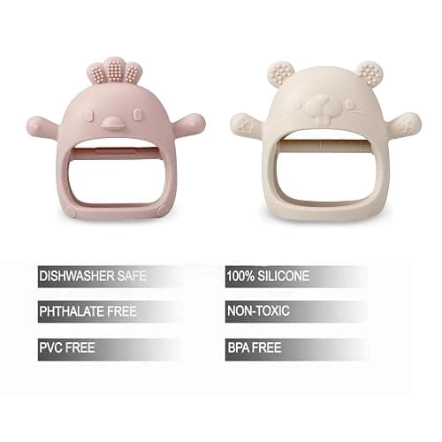 PandaEar 2 Pakc Silicone Baby Teething Toys| Baby Hand Teether Mitten for Sucking Needs| Baby Chew Toys Hand Pacifier for Soothing Teething Pain Relief (White/Pink) thumbnail 4