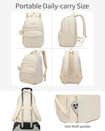 VANKANY Girls Backpack School Bag, Solid Backpack for Middle High School 15.6in Laptop Backpack with USB Charging Hole for Women, Aesthetic College Bookbag for Teens, Beige - Beige - 15.6in thumbnail 6
