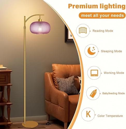 Duoled Glass Floor Lamp for Living Room, Modern Tall Standing Lamp with Pink Glass Lamp Shade, Dimmable Gold Tall Floor Lamp for Bedroom Office with Remote Control, 1 x 12W LED Bulbs Included thumbnail 8