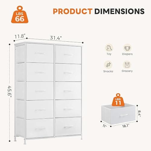 Sweetcrispy 10 Drawer Fabric Dresser Storage Tower with Bins, Tall Chest Organizer for Bedroom Closet Hallway, Steel Frame Wood Top Easy Pull Handles,White thumbnail 3