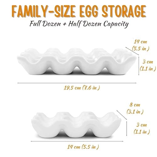 Flexzion 12 + 6 Cups Ceramic Egg Holder for Fridge - 18 Porcelain Egg Tray Container Keeper Storage Organizer Decorative Serving Stand Serveware for Refrigerator Countertop Display Kitchen (White) thumbnail 3