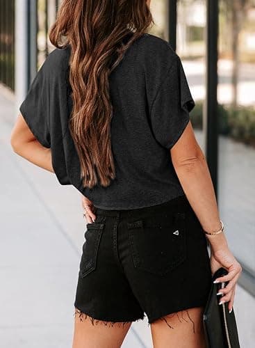 Tankaneo Women Short Sleeve Cropped T-Shirts Crew Neck Loose Crop Tops Summer Casual Drop Shoulder Basic Tees thumbnail 3