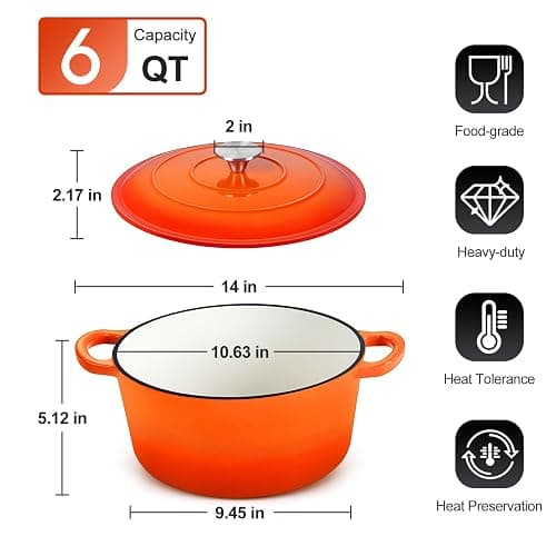 P&P CHEF 6QT Enameled Dutch Oven, Cast Iron Dutch Oven Pot with Lid for Bread Baking, Enameled Casserole Pot for Roasting Braising Stewing Frying Simmering, Various Stoves & Easy Clean, Orange thumbnail 3
