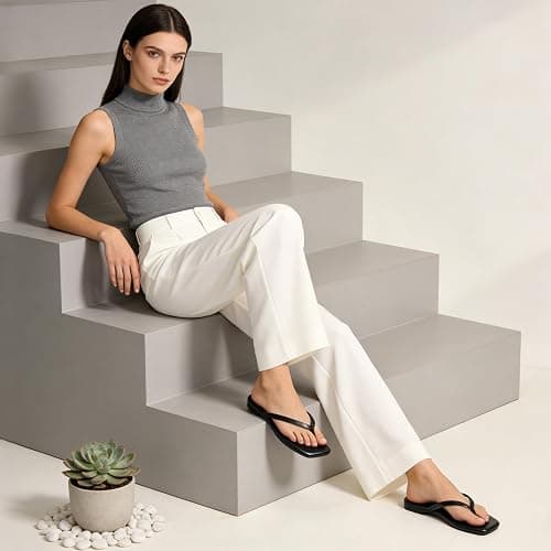 mazeskin Womens Memory Foam Flip Flops Leather Flat Sandals | Vegan Leather Square Toe Cushion Summer Casual Comfortable Slim Thong Beach Slide Shoes Non Slip thumbnail 2