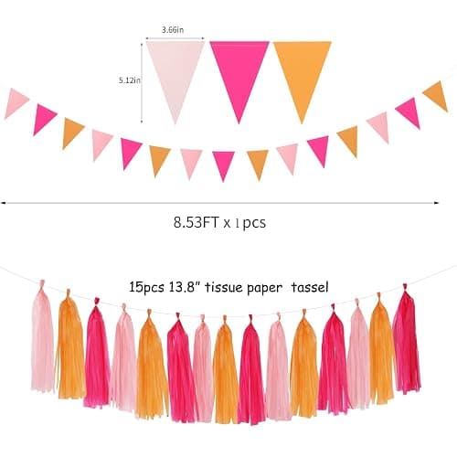 Hot-Pink Burnt-Orange Fall Party Decorations - 23pcs Birthday Baby Shower Tissue Pom Poms Streamers,Sunset Autumn Thanksgiving Tassel Garland Banner,Bridal Wedding Graduation Decor Backdrop Ouruola thumbnail 3