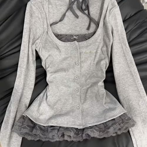 Fake 2 Piece Halter Lace Top Women Vintage Grunge 2000s Mcbling Tshirts 90s Long Sleeve Streetwear Y2k Shirts thumbnail 4