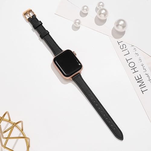 STIROLL Slim Leather Bands Compatible with Apple Watch Band 38mm 40mm 41mm 42mm(Series 11 10), Top Grain Leather Watch Thin Wristband for iWatch SE 9 8 7 6 5 4 3 2 1 (Black Rose Gold) thumbnail 4