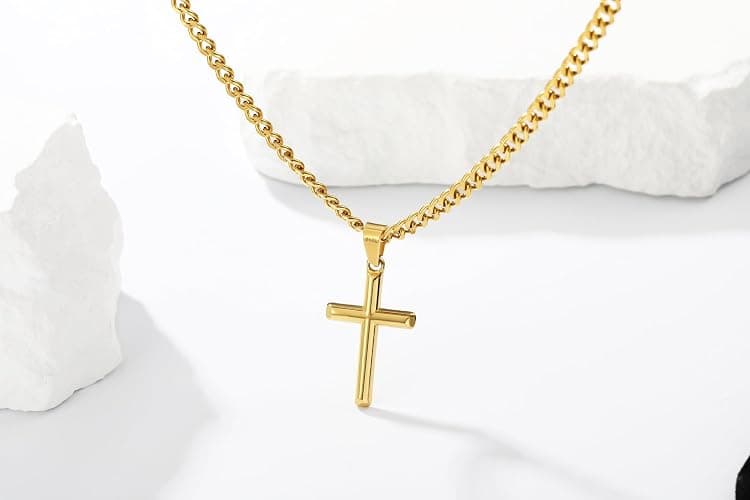 Avotto 316L Stainless Steel Cross Chain Necklace Stocking Stuffers Christmas Gift for Men Boys, Silver Gold Black Mens Boys Necklaces 5mm Non-Fading Sturdy Cuban Chain with Cross Pendant 14-24inch thumbnail 5