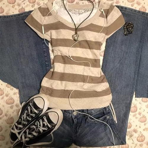 Y2k Grunge Striped Shirts Women Teen Girls Fitted Emo Goth Top 2000s Clothing Vintage Tees Mcbling Streetwear thumbnail 6