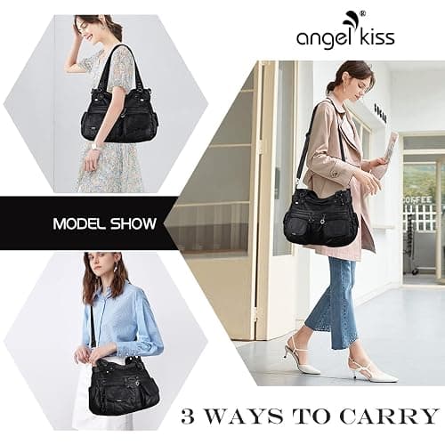 Angel Kiss Women's Designer Handbag Large Double Zipper Multi Pocket Washed Leather Purse thumbnail 7