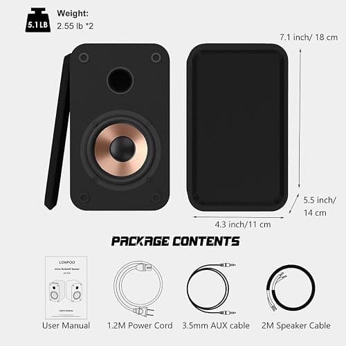 LONPOO Computer Speakers for Desktop and Laptop,30 Watts RMS Bluetooth Bookshelf Speakers with 3" Aluminium Speaker,Aux,Sold As Pair thumbnail 8