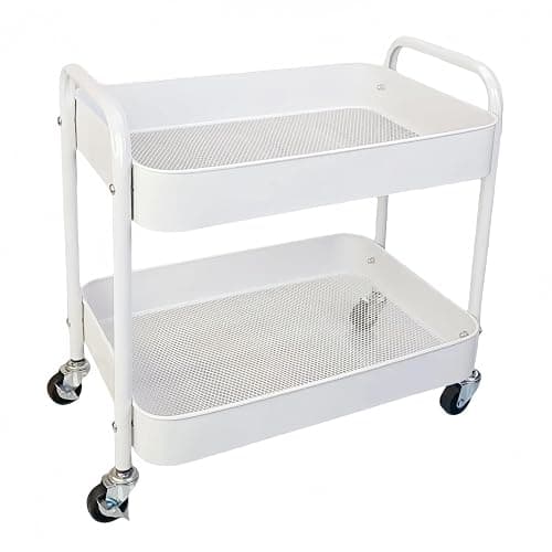 LIWNYRK 2 Tier Metal Rolling Cart with Wheels for Under Desk Storage & Pantry Storage, High Load-Bearing Kitchen Utility Cart for Small Space, Laundry Room Organization Side Table with 4 Hooks, White - Image 1