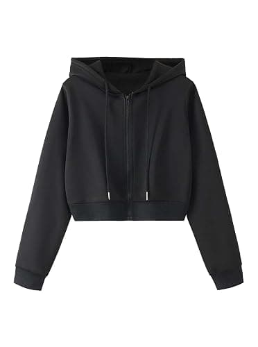 Remidoo Women's Zip Up Cropped Hoodie Crop Top Sweatshirt Drawstring Long Sleeve Jacket - Image 1