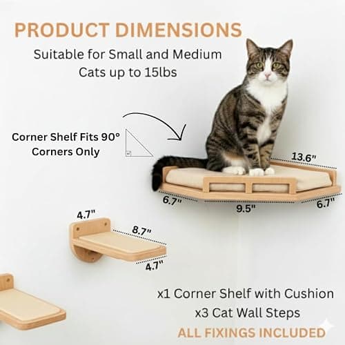 INICIO Cat Wall Shelves - Safe and Sturdy Cat Wall Furniture - Stylish Natural Wood Corner Shelf with 3 Steps for Cats up to 15lbs - Cushioned Perch and Stairs for Climbing and Playing thumbnail 2
