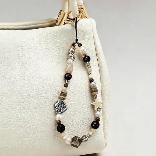 Vintage Brown Beaded Phone Charm Wrist Strap Star Heart Pearl Phone Chain Wristlet Short Camera Charm Strap Cute Beaded Wristlet Keychain Cellphone Charms Aesthetic Cellphone Wrist Lanyard for Women thumbnail 2
