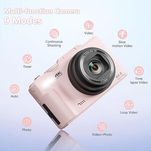 YYKLNYP 4K Digital Camera with 64MP Photos, Vlogging Camera with 180° Flip Screen, Compact Point and Shoot Camera with WiFi & 32GB Card, Easy-to-Use for Beginners and Travel, Pink thumbnail 7
