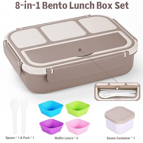 Bento Box Adult Lunch Box, Containers for Adults Men Women with 4 Compartments, Lunchable Food Container with Utensils, Sauce Jar, Muffin Liners, 40 Oz/5 Cup, Microwave & Dishwasher Safe, Brown thumbnail 6