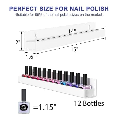 FEMELI Nail Polish Wall Rack, 6 Shelves Acrylic Organizer (15 Inch, White) | Acrylic Nail Polish holder wall for 66-90 Bottles, Multi-Purpose Floating Shelves for Nail Salon, Small Space thumbnail 3