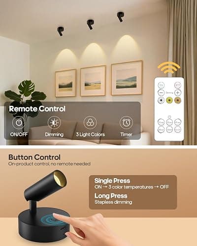 GOODEA Spotlights Indoor with Remote, 3000mAh Rechargeable Battery Plant Mini Spotlight Indoor, Wireless Uplighting with 3 Colors & Dimmable, LED Picture Light for Painting, Accent Lighting(4 Pack) thumbnail 5