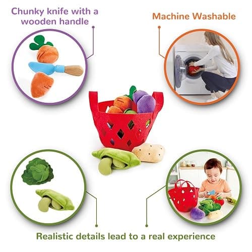 Hape Toddler Vegetable Basket |Soft Vegetable Shopping Basket, Toy Grocery Food Playset Includes Cabbage, Bean Pod, Carrot, and More thumbnail 6