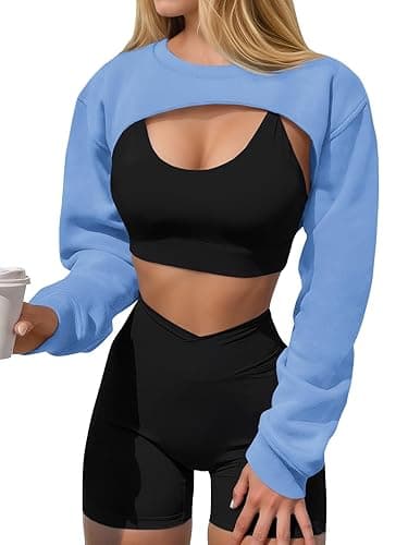 Yousify Womens Cropped Sweatshirt Shrugs Long Sleeve Workout Gym Cover Ups Bolero Shrug Y2k Super Crop Tops - Light Blue - Medium