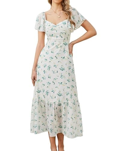 GLNEGE Women's 2025 Summer Midi Floral Boho Dresses Casual Flowy Beach Short Sleeve Dress Ruffle Hem Smocked Sundresses - Image 1