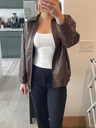 hathne Women's Oversized Leather Jackets Faux Zip Up Fall Fashion Motorcycle Jackets Coats Winter Clothes thumbnail 6