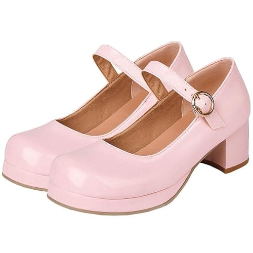 LUXMAX Women Patent Leather Mary Janes Block Heel Platform Pumps Ankle Strap Buckle Chunky Heel Pumps Closed Square Toe Dress Shoes - Image 1